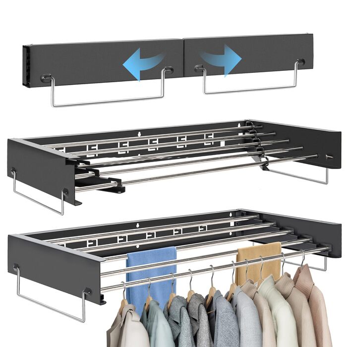 Настінний сушильник для білизни з 80 см штангами, 5 ліній сушіння, розкладний, для дому та вулиці, чорний, 80 см