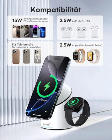 Зарядний пристрій 3-в-1 ZEEHOO MagSafe для Apple: QI2 бездротова зарядка 15W для Apple Watch, iPhone, AirPods (з адаптером 30W) - Білий