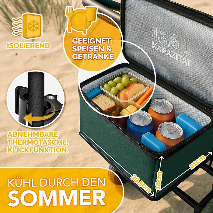 TRESKO® Вагончик-візок складний з дахом, кишеньою-холодильником та бічними шторками | Ручний візок, вантажопідйомність до 150 кг | Візок для перевезення з повного гумового покриття та гальмами (передні та задні) та 3-точкова система ременів безпеки (зелен