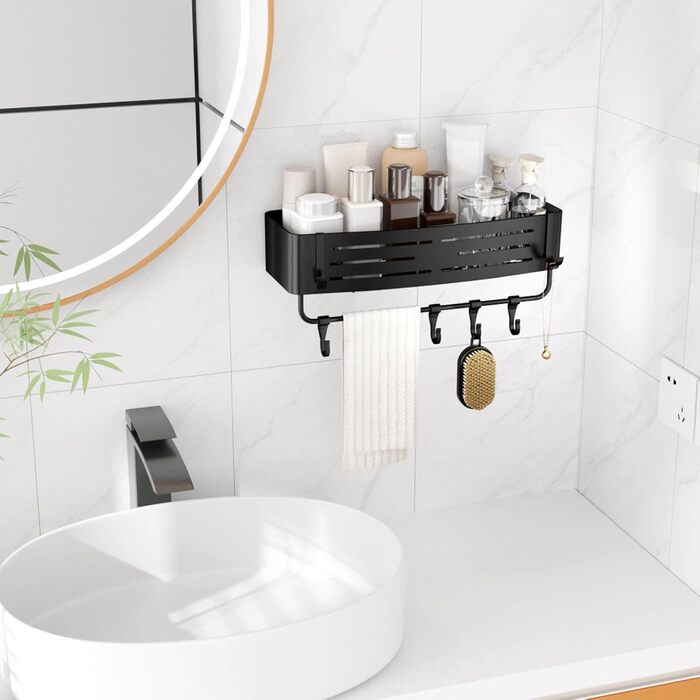 Поличка для душу Onemake з присосками, регульована, з гачками та рушниковою перекладиною, органайзер для ванної кімнати, матовий чорний, 1 шт.