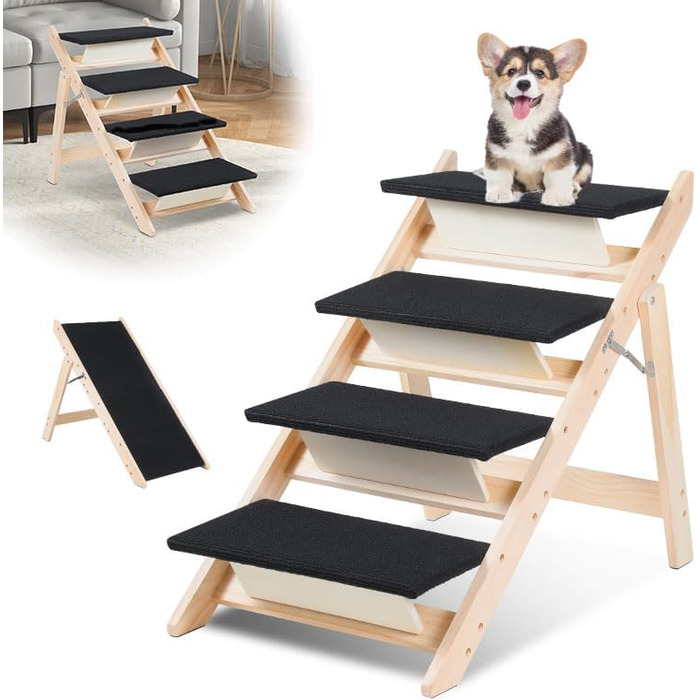 Сходинка для собак та котів 2-в-1, розкладна, 65.5 см, 4 сходинки, вантажопідйомність 80 кг, з антиковзним килимком