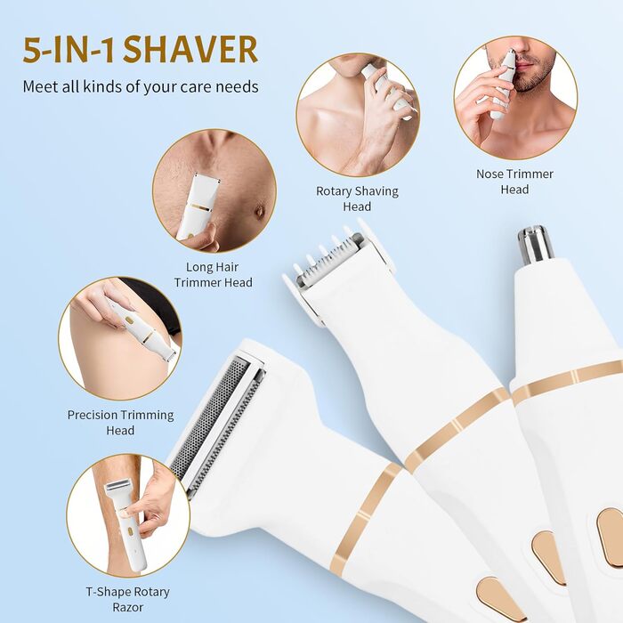 Електричний жіночий триммер 5-в-1 для тіла та обличчя, водонепроникний, USB-зарядка