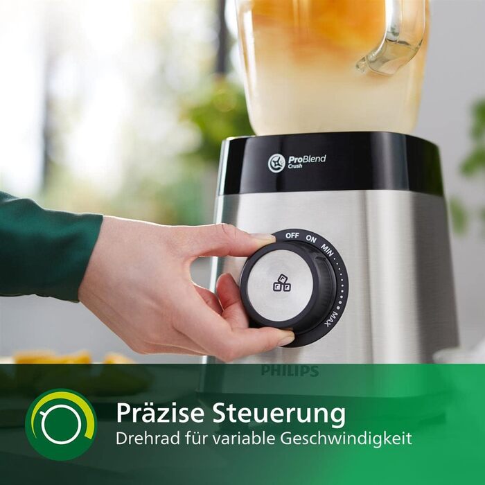 Philips Blender and Smoothie Maker – 1000W, 2-Liter Glass Jar, HomeID App, Variable Speed, ProBlend Crush, Drinking Cups (HR3573/90)