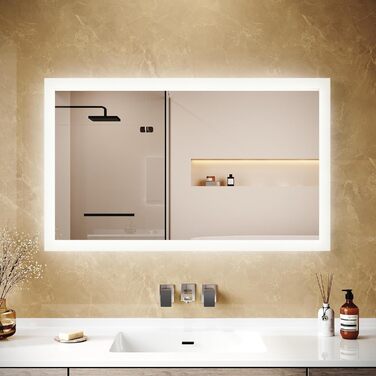 Дзеркало для ванної кімнати з підсвічуванням 60x50x3,5 см, LED, 6400K, холодний білий, економія енергії, вертикальне/горизонтальне кріплення, вимикач на стіні, матові краї