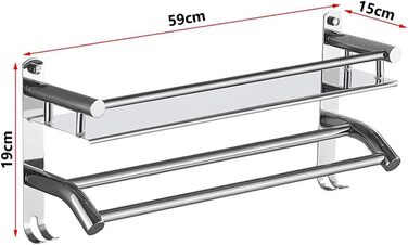 Тримач для рушників з полицею та гачками, хром, нержавіюча сталь, 59 см, для ванної кімнати, кухні, туалету