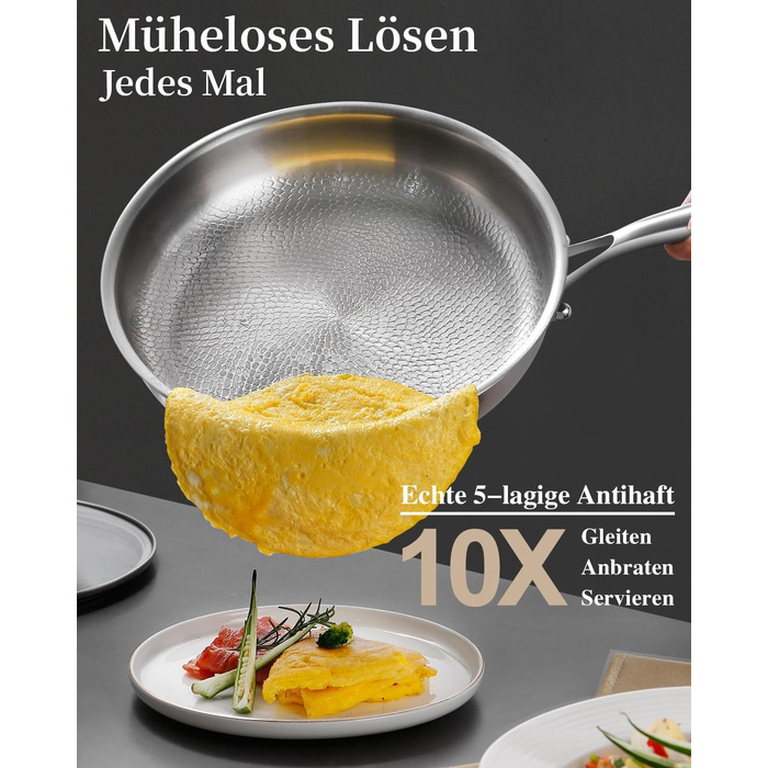 Сковорода з нержавіючої сталі 28 см, антипригарна, з кришкою, 18/10, для індукційних плит, енергоефективна, без PTFE та PFOA