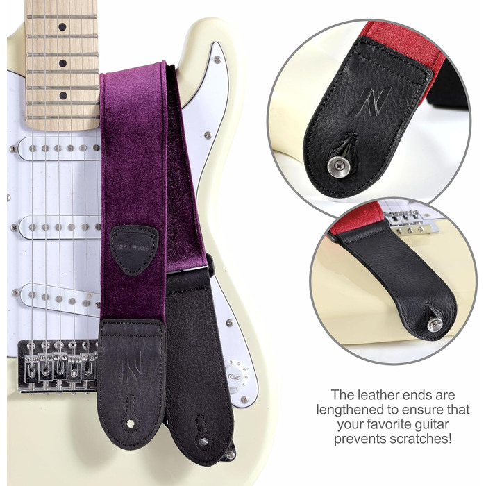 Гітарний ремінь Nefelibata з повного нубуку, вінтажний велюровий ремінь, безкоштовний бонус: 4 медіатори + фіксатори ременя + кнопка для ременя, подарунок для бас/електро/акустичної гітари (вишуканий фіолетовий)