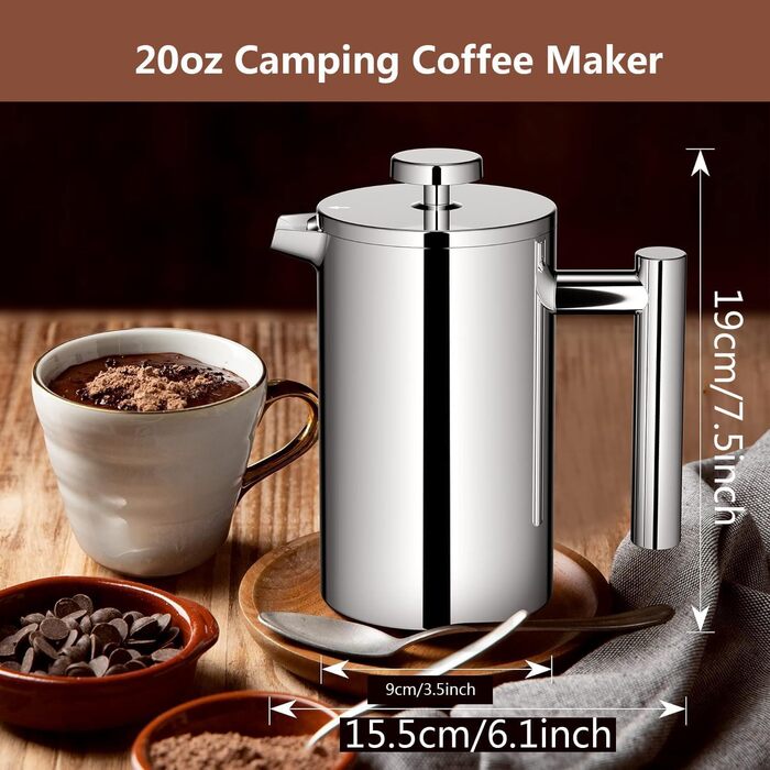Make a French Press Coffee Maker, 21Oz Stainless Steel French Press with 3-Level Filtration System, Double-Walled Insulated French Press with 3 Filters and 1 Metal Spoon 600ml Silver