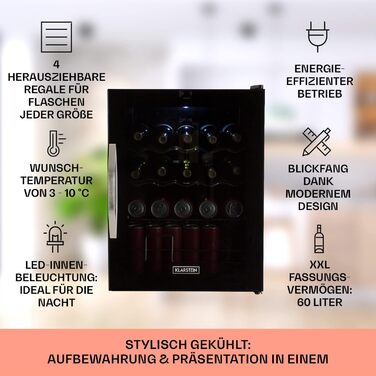 Klarstein Mini Fridge with Glass Door - 60 Liter Beverage Cooler with Adjustable Shelves & Wave Design Racks - Quiet Operation - Black