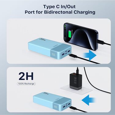 Power Bank JUOVI J2651, 20000mAh, 35W, USB-C, QC3.0+PD3.0, для смартфонів, планшетів та навушників (блакитний)