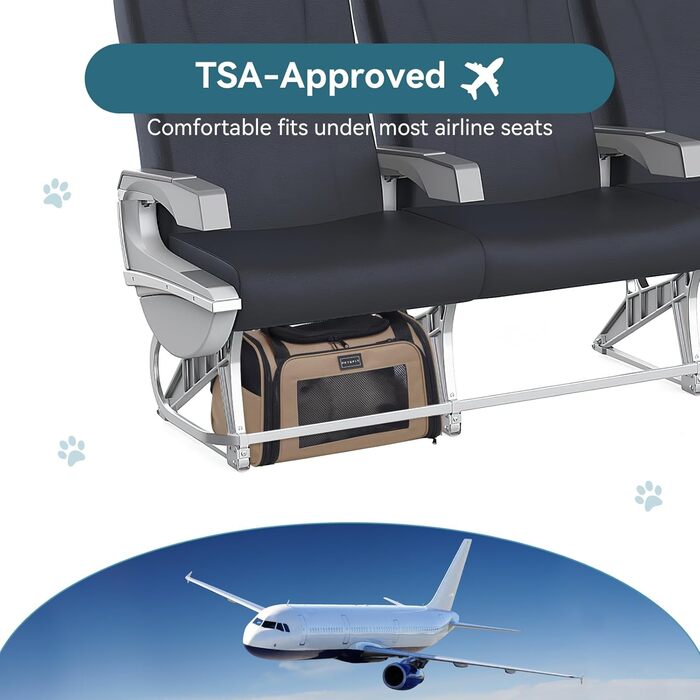 Транспортна переноска для котів та маленьких собак Petsfit, легка сумка-переноска для собак та котів, підходить для подорожей літаком, з ременем безпеки та розширеним килимком, S/Khaki