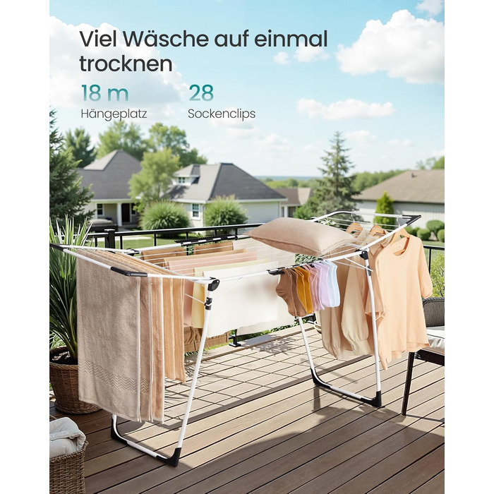SONGMICS Сушарка для білизни на коліщатках, металева, біла, 52.5 x 173 x 96.5 см, з тримачем для шкарпеток, для одягу, рушників та білизни
