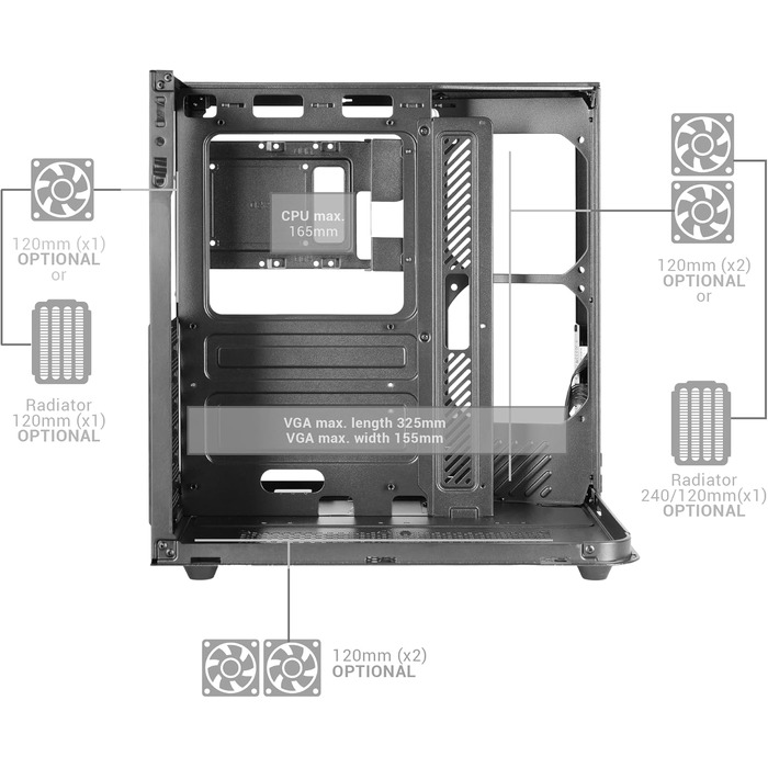 Ігровий корпус Mars Gaming MC-3TCORE MC-INFINIO LITE ATX, панорамне скло, підтримка рідкого охолодження, чорний