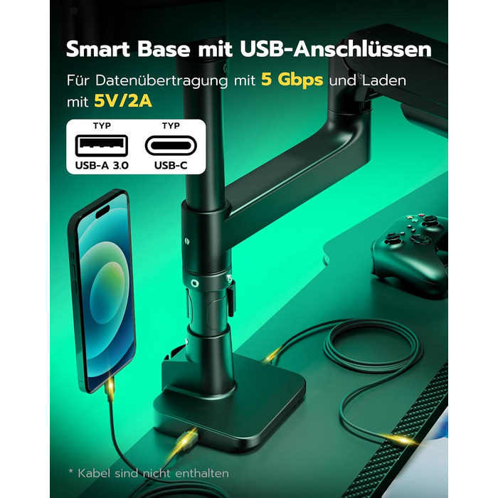 Кронштейн для двох моніторів ARES WING (17-49 дюймів) з USB, вертикальний підвіс один над одним, регулювання висоти, VESA 75/100, до 20 кг на руку, чорний