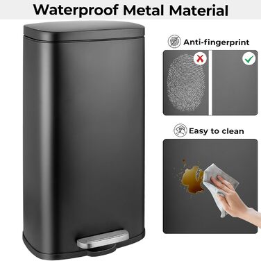 Відро для сміття LIFERUN 30л з кришкою, з м'яким закриттям, сталеве, з внутрішнім відром, для кухні, ванної кімнати, офісу, чорне