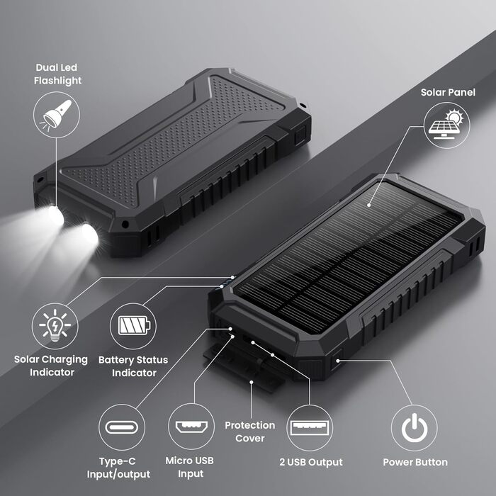 Сонячний павербанк 26800mAh з PD 15W, USB-C, подвійний акумулятор, ліхтарик та 3 виходи, для смартфонів, планшетів, кемпінгу, чорний