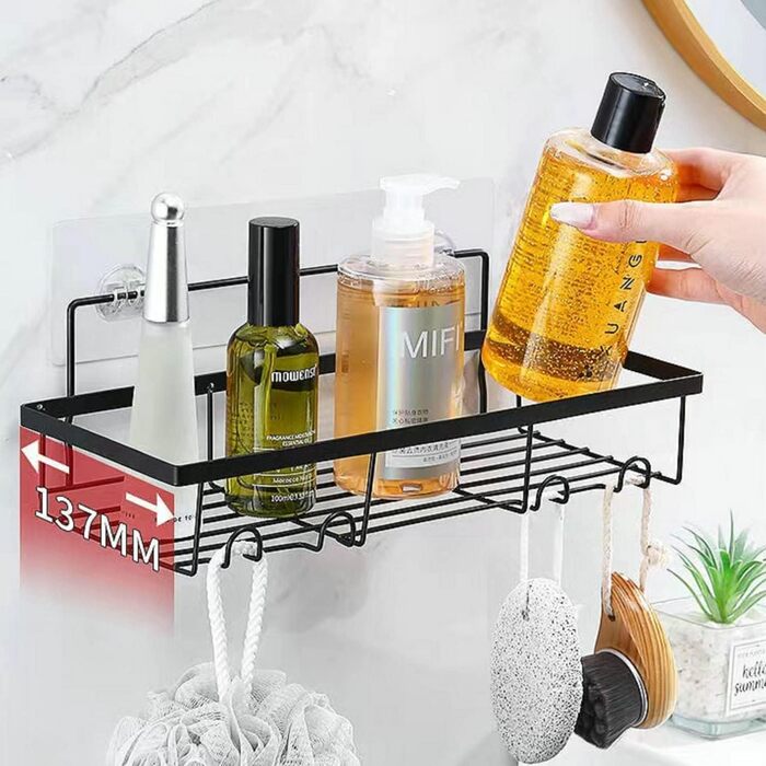 Двосекційна дзеркальна поличка для душу без свердління, 2 шт. з 8 гачками, велика місткість, для шампуню та аксесуарів (чорний)