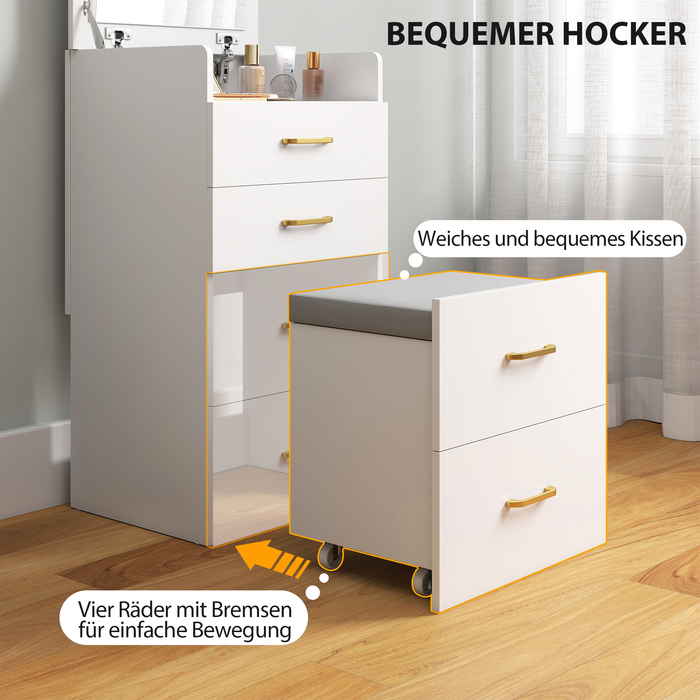 HOMCOM 3-in-1 Vanity Table with Mirror, Nightstand, Rolling Stool, Drawers, White