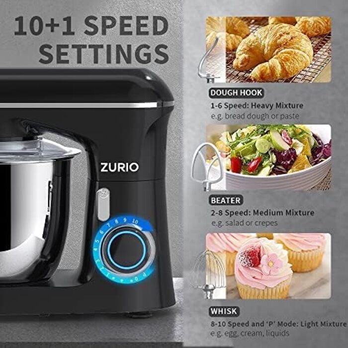 Stand Mixer, 1300W Zurio 5.5L Stand Mixer, 10-Speed Robot Mixer with Quiet Kneading Function, Includes Accessories: Dough Hook, Whisk, Black Mixer