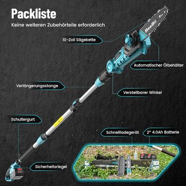 SEESII Безщіткова міні-пилка 6 дюймів, ручна акумуляторна пилка з 2 * 4000 mAh акумуляторами, одноручна пилка з автоматичним змащенням, сумісна з акумулятором Makita 18V, електрична пилка для дерева, гілок 6 дюймів Безщіткова (8&10 дюймовий високий за