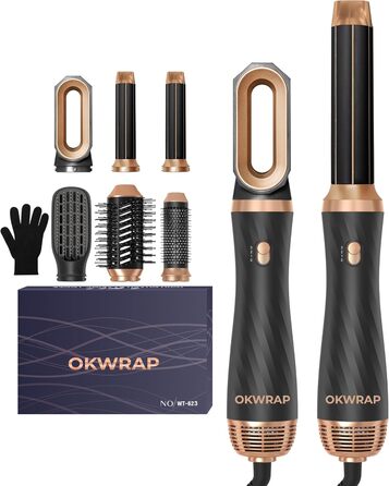 Набір для укладки волосся OKWRAP Airstyler 6 в 1: фен-щітка, автоматична завивка, об'ємні насадки, чорний/золотий