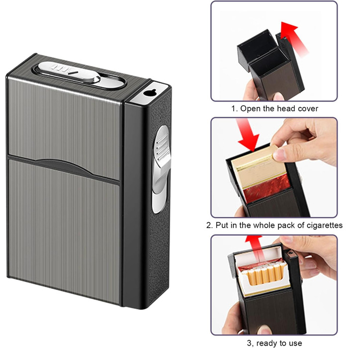 Чохол для сигарет з запальничкою, алюміній, 20 сигарет, USB зарядка (без газу), чорний