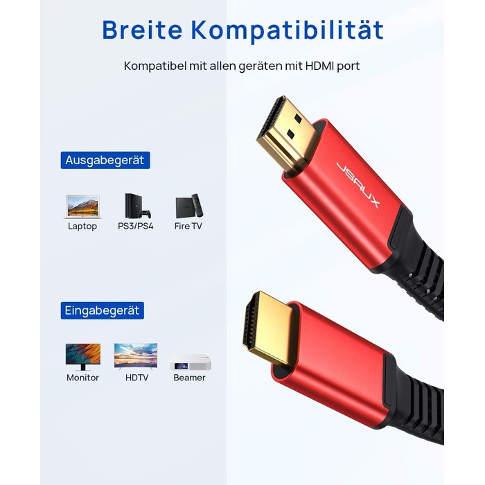 Кабель HDMI JSAUX 4K 3 метри: підтримка 4K@60Hz, HDR, UHD 2160p, Ethernet, ARC, для PS3/4, TV, PC (червоний)