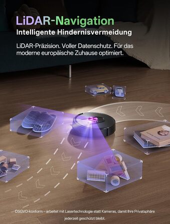 Робот-пилосос Vexilar з функцією миття підлоги, 8000Pa, LiDAR-навігація, 150 хв роботи, 15 зон заборони, керування через додаток, для шерсті тварин та килимів (W15)