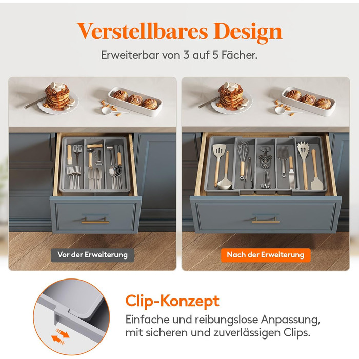 Органайзер для столових приборів Lifewit в шухляду, розширюваний 33-57 см, сірий - пластиковий тримач для ножів, виделок, кухонний органайзер 38 см