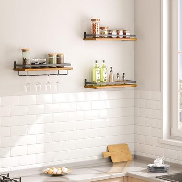 HOOBRO Wall Mounted Wine Racks 3-Piece Set, Wine Racks, Hanging Floating Wall Shelves, Wine Glass & Bottle Holders, Stemware Holders, for Living Room, Dining Room, Kitchen, Vintage Brown and Black EBF34BJ01