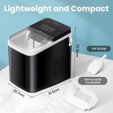 WOLTU Compact Ice Cube Maker Machine - Fast Ice Production (8 Cubes/6-8 Min) - 12kg/24h Capacity - Portable with Handle - Self-Cleaning - 2 Sizes - Ice Maker for Home, Camping, Office (1.4L, Black)