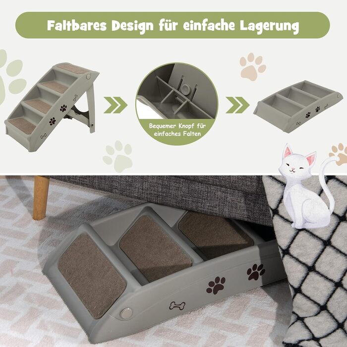 COSTWAY 4-Step Pet Stairs with Carpet, Dog Stairs Plastic Cat Stairs Folding, Portable Dog Ramp Pet Stairs for Dogs and Cats, Pet Ramp for Climbing and Scratching (Gray)