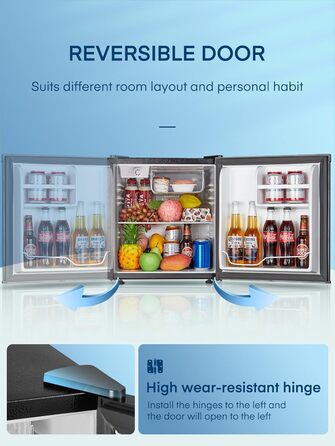 Міні-холодильник 46л з відділенням для льоду, чорного кольору. Енергоефективний, з регулюванням температури та змінним напрямком відкривання дверцят. Ідеально підходить для кухні, офісу, спальні, готелів та невеликих квартир.