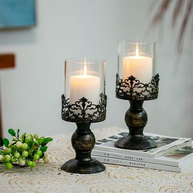 Sziqiqi Candle Holders Set Vintage Distressed Black Hurricane Candle Holders 2 Pieces, for Pillar Candles Wedding Party Home Decoration Fireplace Mantel Decoration 27cm & 33cm (2 Pieces Small, Black)