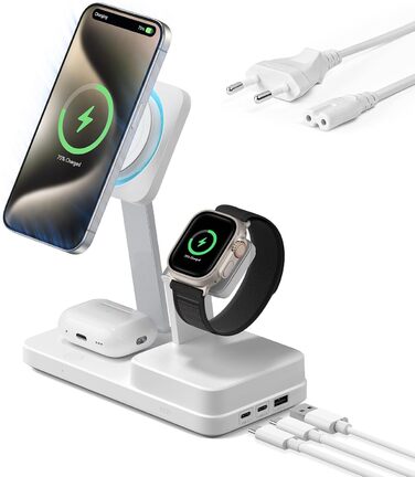 Зарядний пристрій ESR 65W GaN 6-в-1 з підтримкою MagSafe, білий. Сумісний з iPhone 17/16/15/14/13/12, Apple Watch, AirPods та USB A/C пристроями