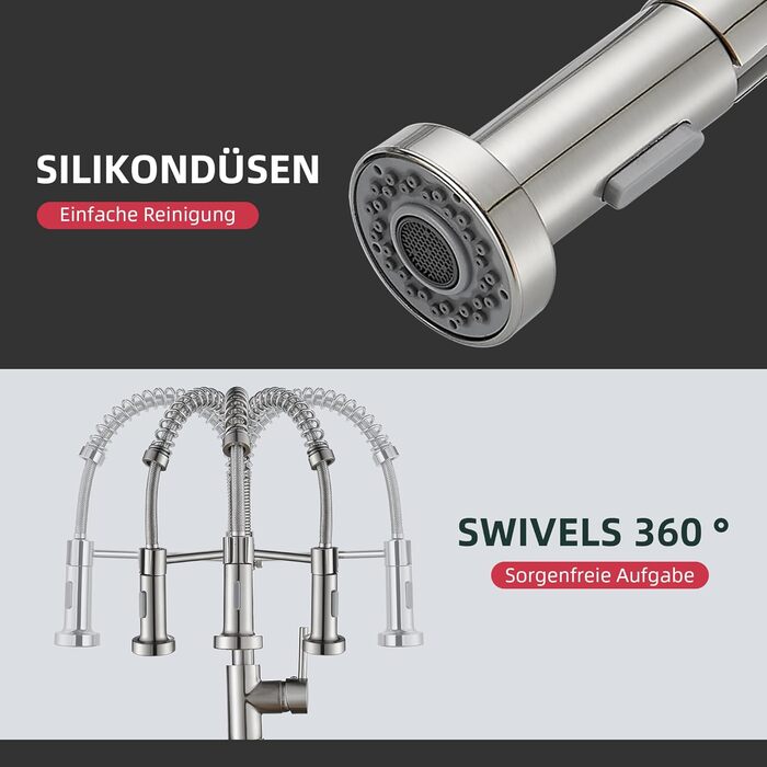 Кран кухонний Cobbe з висувним виливом та душем, 2 режими, поворотний на 360°, високий тиск, матовий нікель