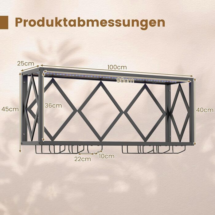 Стійка для вина COSTWAY з LED-підсвічуванням, 2 яруси, дерев'яний ящик з металевим каркасом, 6 рядів для келихів, індустріальний дизайн, для дому, бару, кухні та ресторану