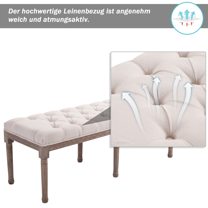 HOMCOM Upholstered Bench, Ottoman, Lounge Bench, Vintage Retro with Buttons, Linen, Wood, Beige, 142x47x51cm for Living Room & Hallway