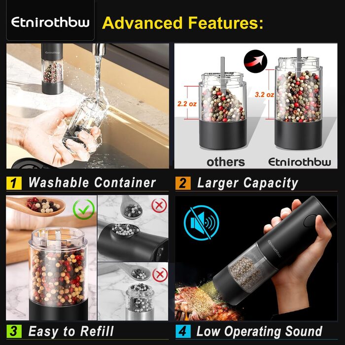 Electric Salt and Pepper Grinder Set, 2 Pieces, Automatic One-Hand Operation Pepper Grinders Rechargeable, Auto Pepper Shakers with Dust Covers, 5 Adjustable Coarseness Settings, LED Light