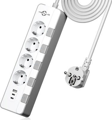 Мережевий фільтр KEPLUG з USB-портами (4000W, 16A) - розетка з 2 Type C, USB-A, дитячий захист, 2 м кабель