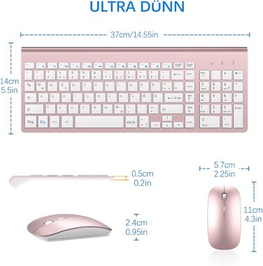 Комплект клавіатури та миші TopMate 2.4G Ultra Slim: тиха клавіатура з перемикачами Schissschalter та миша 2400DPI USB, з чохлом та батарейками AA/AAA, для ПК/ноутбука/Windows/Mac (Рожеве золото, Білий)