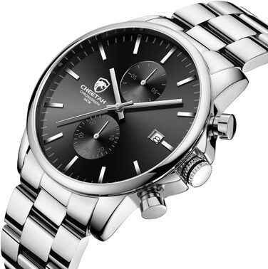 Чоловічий хронограф: водостійкий годинник з нержавіючої сталі та металу з авто-датою, кварцовий механізм, кольорові стрілки (срібло та чорний)