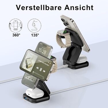 Зарядна станція 5 в 1 для iPhone з підтримкою магнітного зарядного пристрою, складана, для подорожей, бездротовий зарядний пристрій для iPhone 17/16/15/14/13/12, AirPods Pro 3, Apple Watch S11/Ultra (Titan Wüstensand) 2026-Titan Wüstensand (2026-Schwarz)