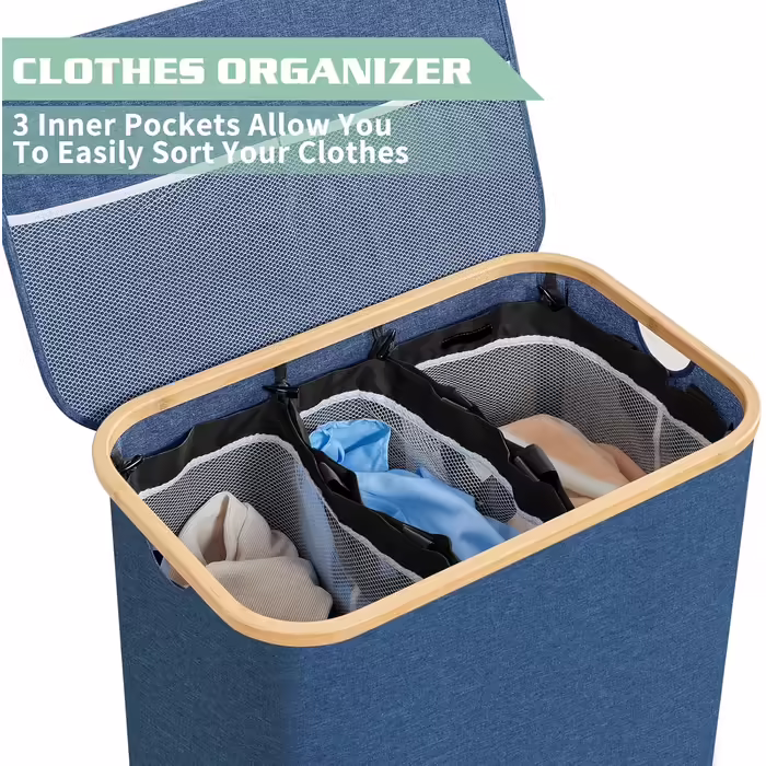 BRIAN & DANY Laundry Basket 3 Compartments with Lid, Laundry Collector, Laundry Sorting System, Removable, Water-Repellent, Foldable Laundry Box, Narrow Laundry Basket 145L for the Family XXL Blue