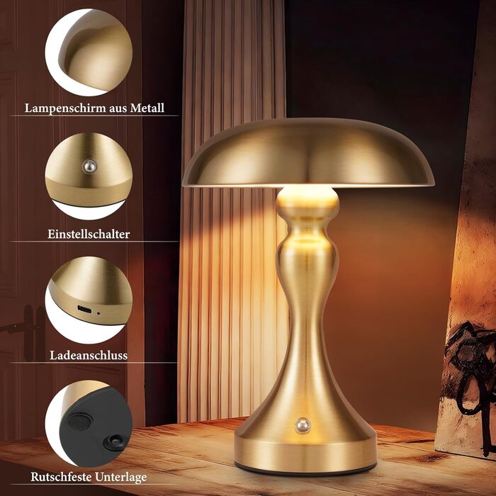 Бездротова настільна лампа з LED-підсвічуванням - торшер для спальні/вітальні з регулюванням яскравості, USB-зарядка, вінтажний дизайн (Золотий бронза)