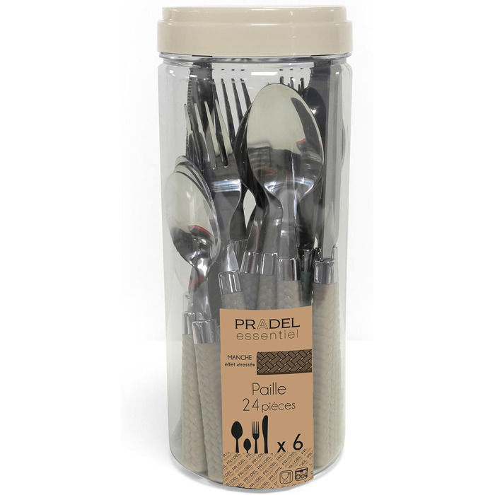 Amefa PAILLE Cutlery Set, 6 People | Dinner Cutlery, 24-Piece | Light-Colored Handles with Woven Design | Cutlery Set 18/0 Stainless Steel | Dishwasher-Safe Cutlery Set | 6 each of Fork, Knife, Spoon & Teaspoon