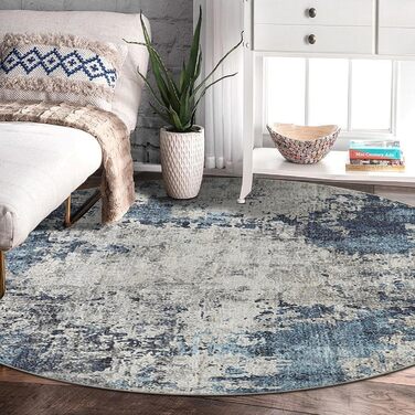 Кілимок для вітальні синього кольору, вінтажний, з ефектом розмиття, короткий ворс, килими, миючий, нековзний, для спальні (160 см, круглий, абстрактний синій)