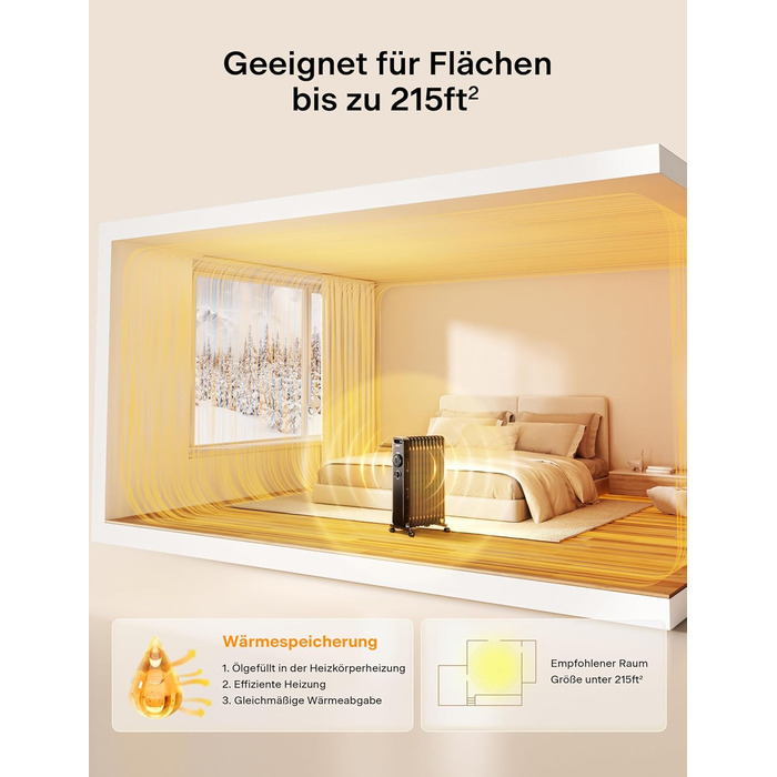 Масляний радіатор PELONIS 2300W з J-подібними ребрами, 3 режими нагріву, термостат, тихий, захист від перекидання, енергоефективність A, для спальні, вітальні, офісу, 11 ребер, чорний (без пульта)