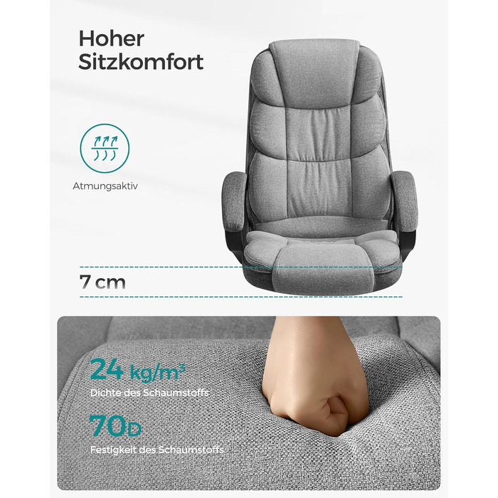 Крісло офісне SONGMICS для офісу, крісло для шефа, комп'ютерне крісло, регулювання висоти сидіння, оббивка, сірий (53 x 51 x 112-122 см)