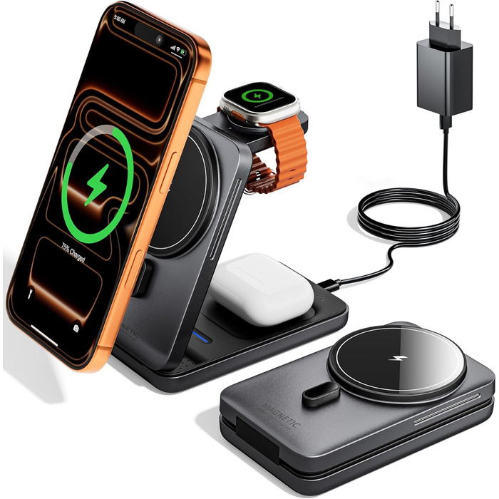 KPON Станція зарядки MagSafe для Apple Watch та iPhone, 3 в 1. Швидка зарядка для iPhone 12-17, Apple Watch 11-2, AirPods. Підходить для подорожей та офісу. В комплекті адаптер 20W.